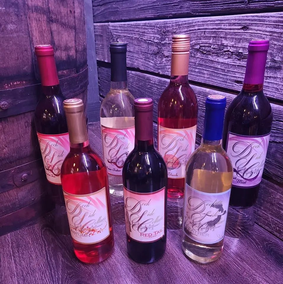Dock Side Cellars wines lined up by the barrel